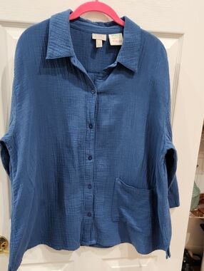 LOGO LORI GOLDSTEIN BLUE GAUZY COTTON TOP BLOUSE SHIRT, COTTON, 3/4 SLEEVE